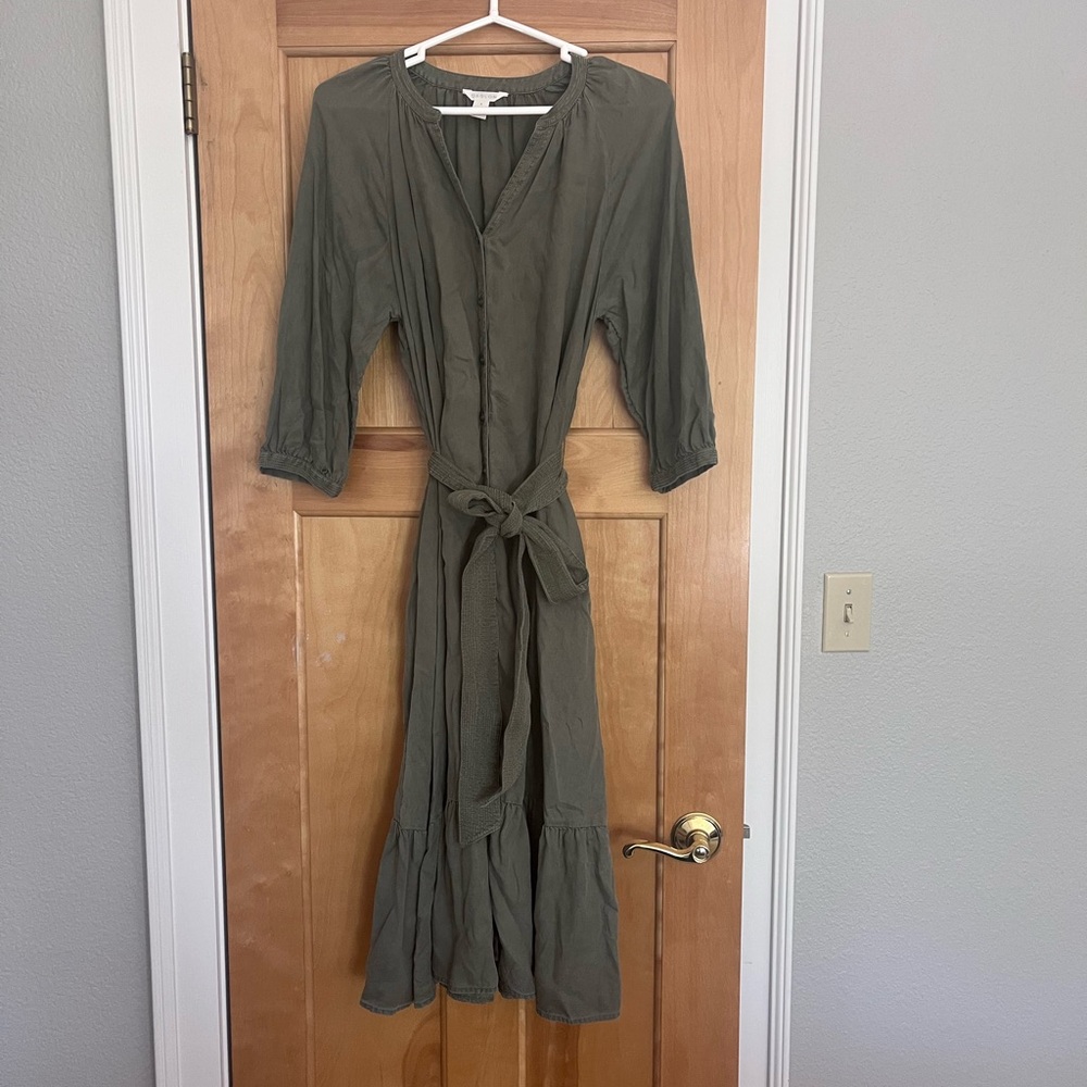 Olive Green Button-Front Tiered Midi Dress with Belted Waist - Picture 1 of 8